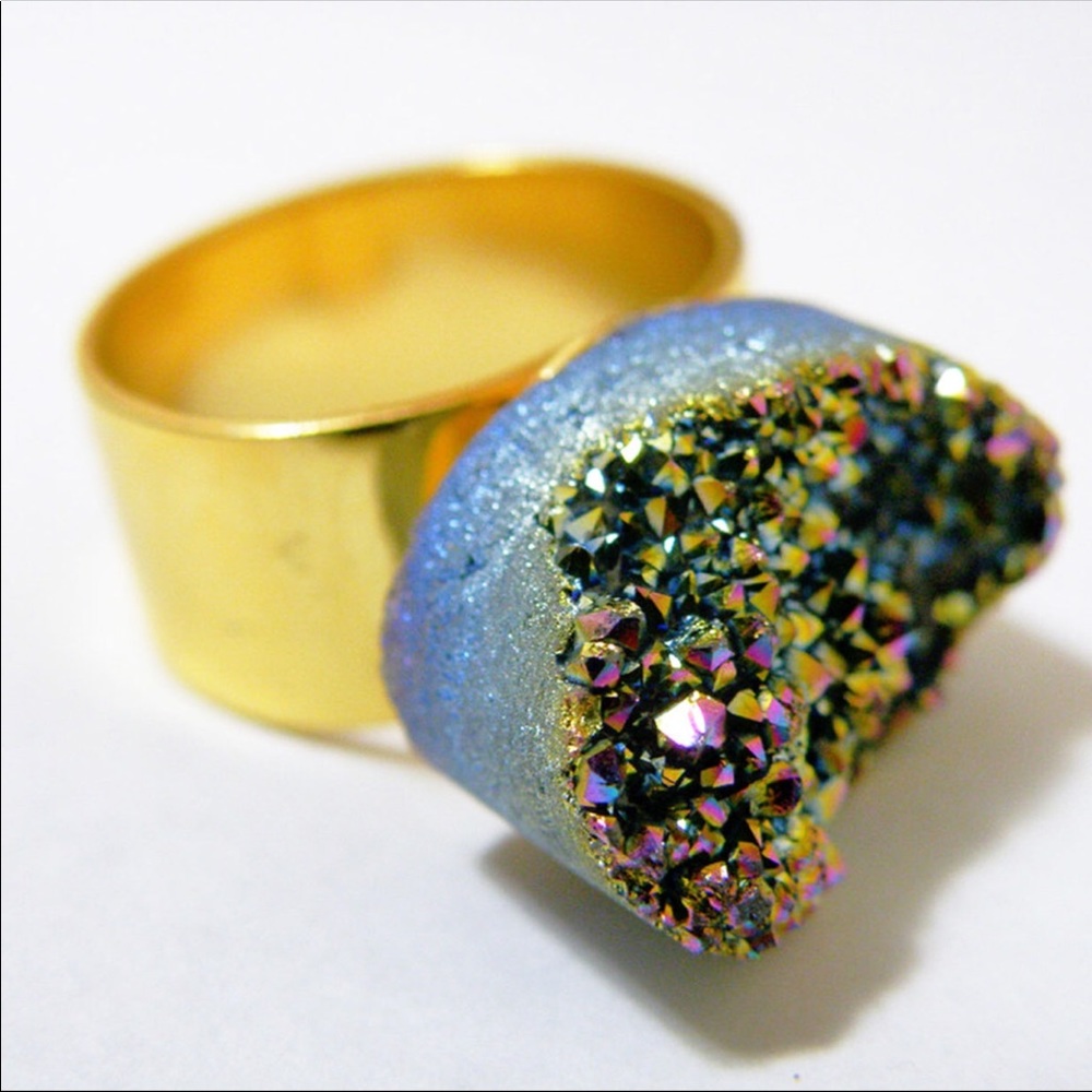 Aura quartz druzy adjustable ring